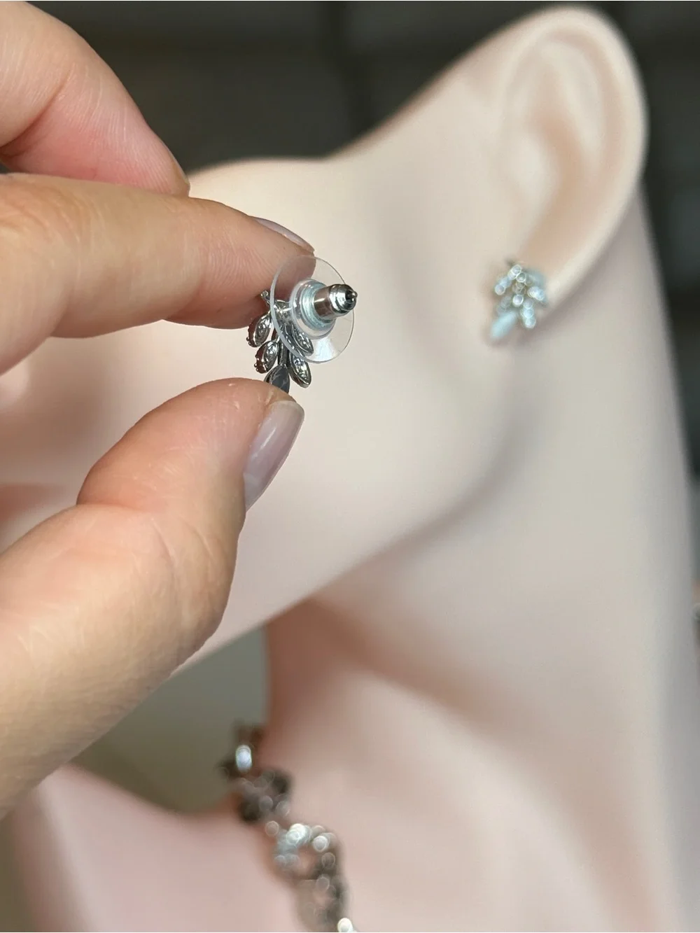 Classic Silver Leaf Cluster Stud Earrings in White